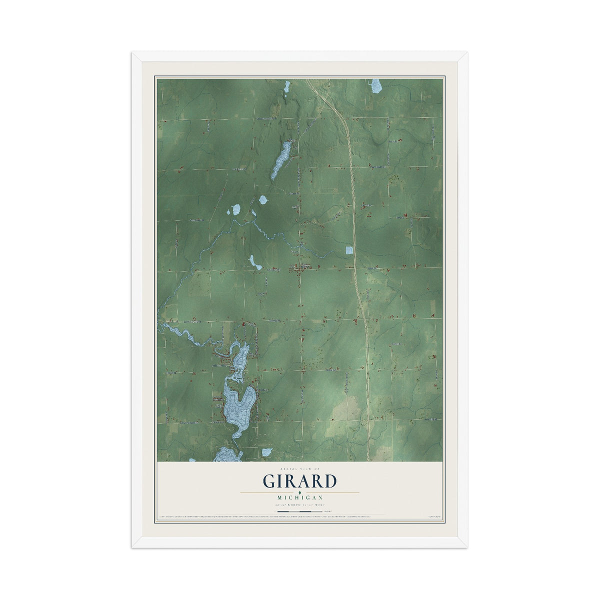 Map of Girard, Michigan, 12 x 18 inch print in a white wood frame