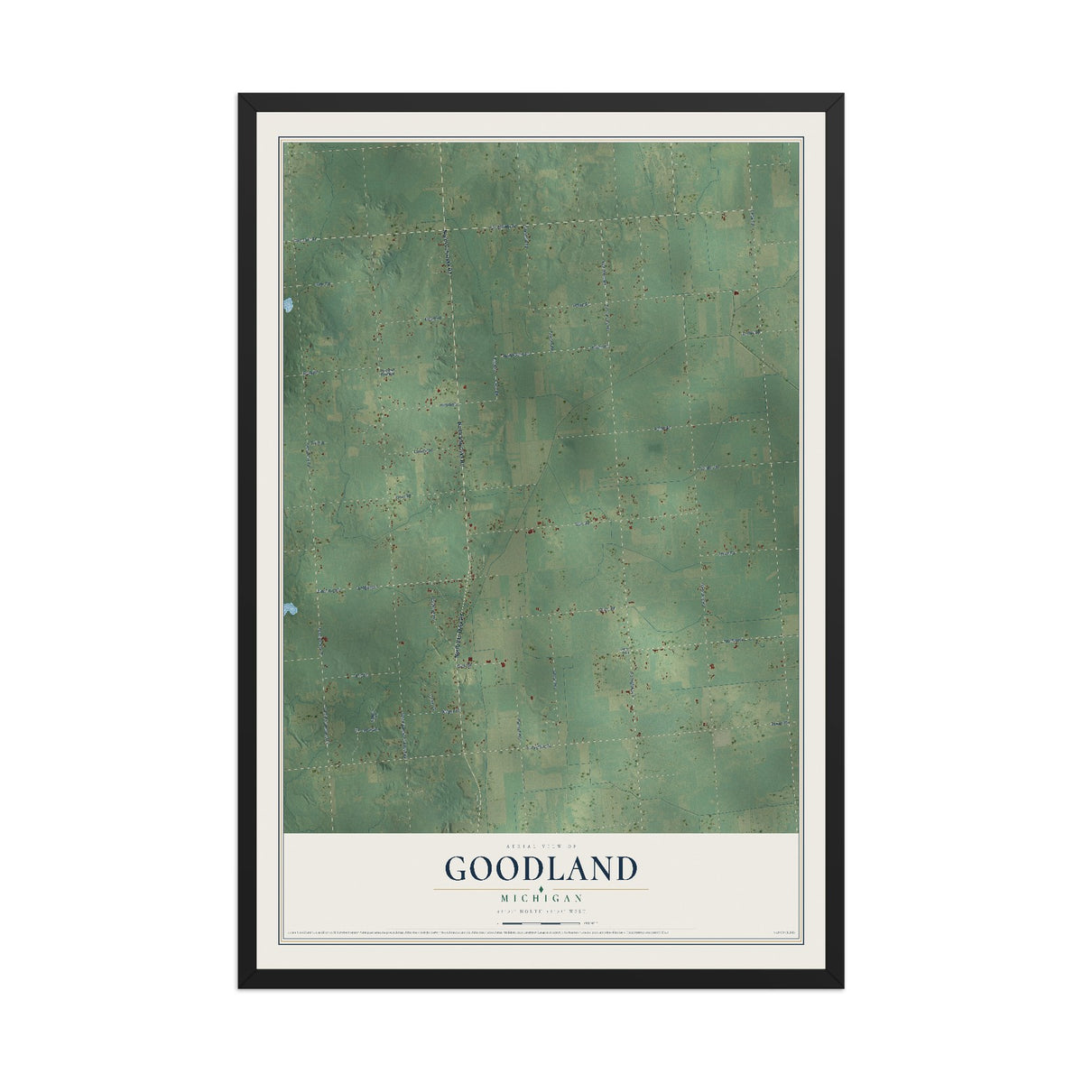 Map of Goodland, Michigan, 12 x 18 inch print in a black wood frame