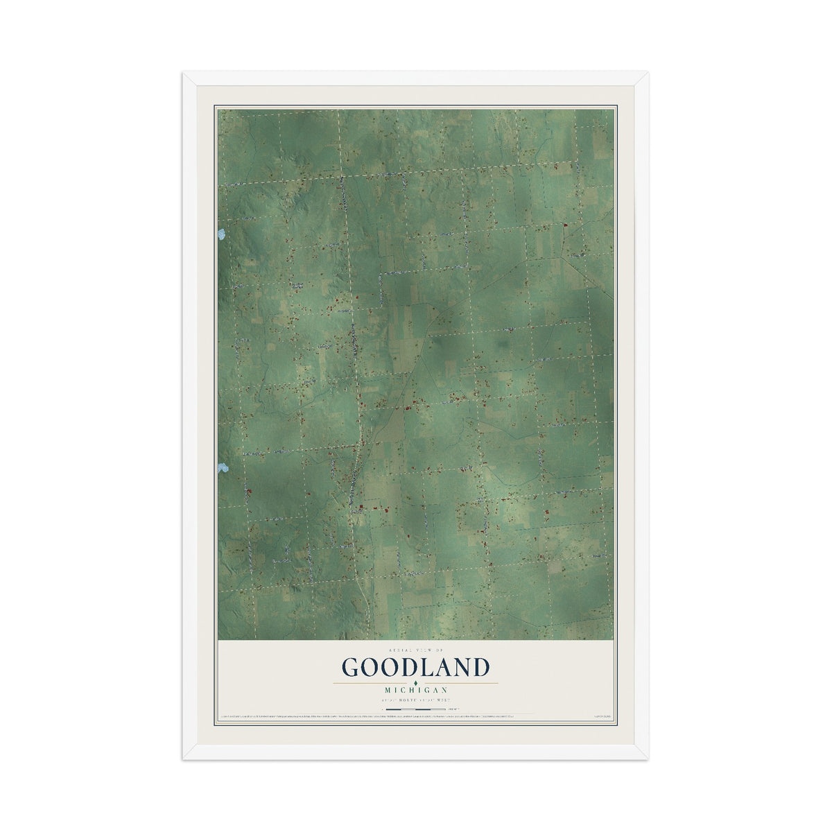 Map of Goodland, Michigan, 12 x 18 inch print in a white wood frame