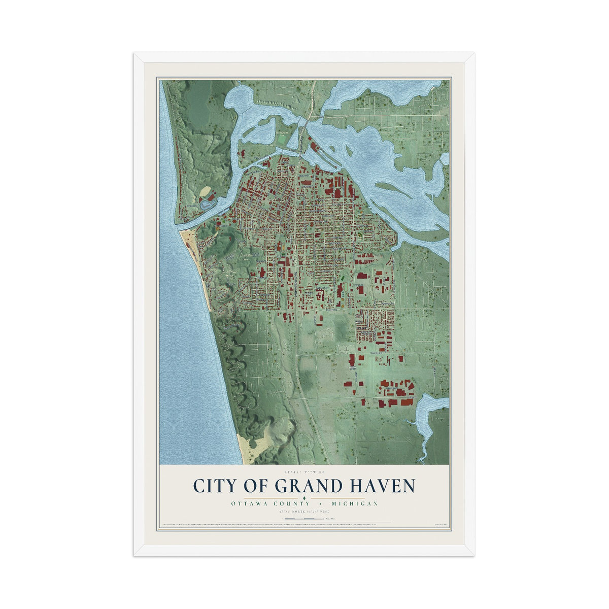 Map of Grand Haven, Michigan, 12 x 18 inch print in a white wood frame