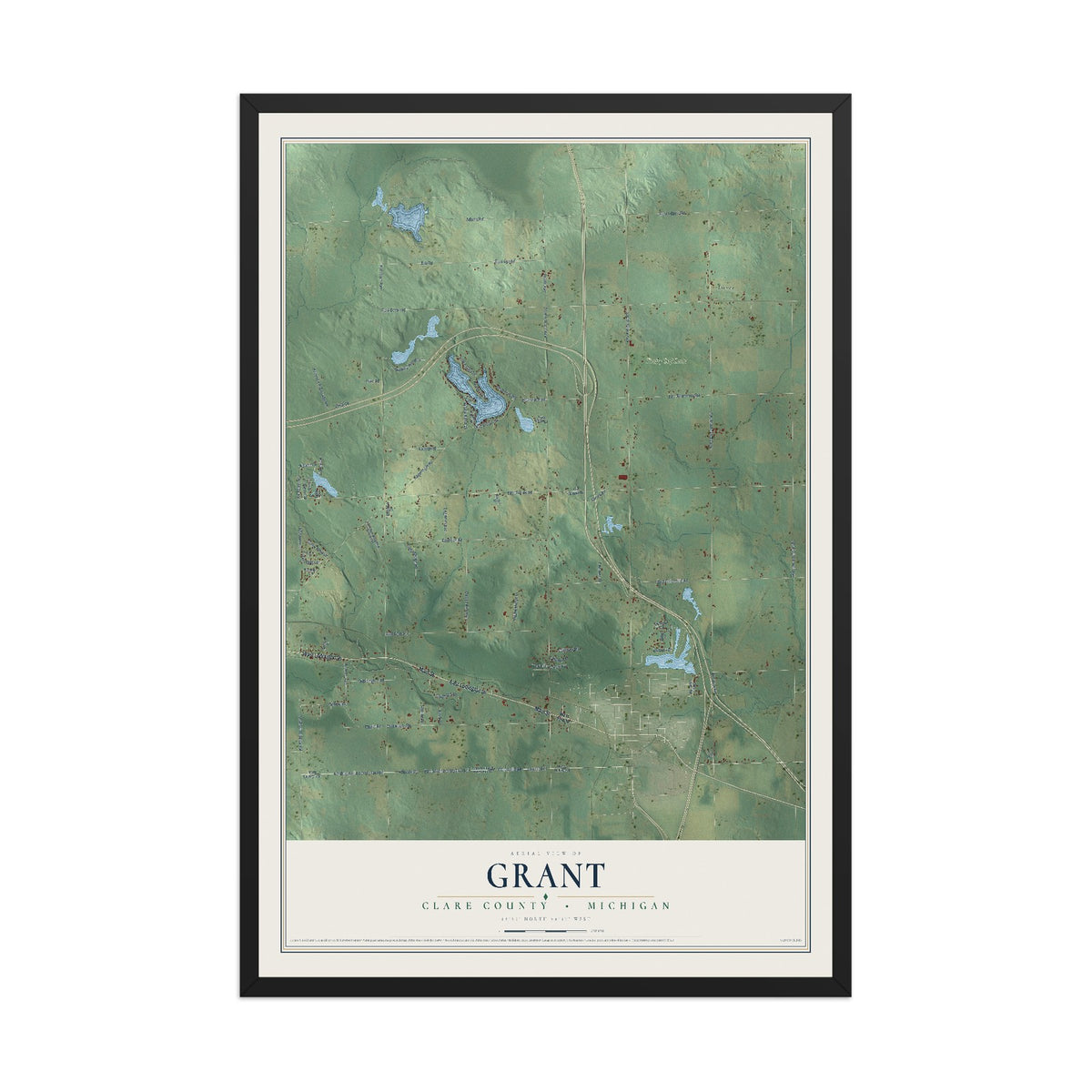 Map of Grant, Clare County, Michigan, 12 x 18 inch print in a black wood frame