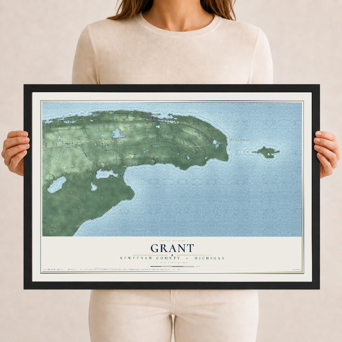 Map of Grant, Keweenaw County, Michigan, 12 x 18 inch print in a black wood frame