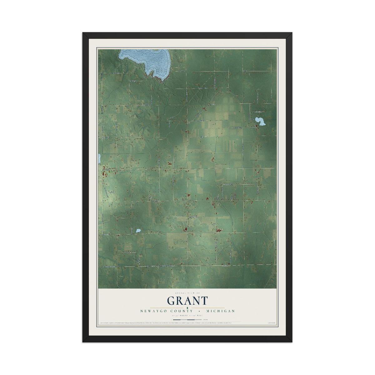 Map of Grant, Newaygo County, Michigan, 12 x 18 inch print in a black wood frame