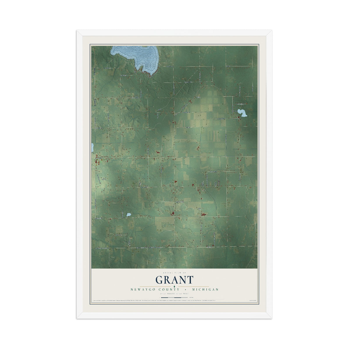 Map of Grant, Newaygo County, Michigan, 12 x 18 inch print in a white wood frame