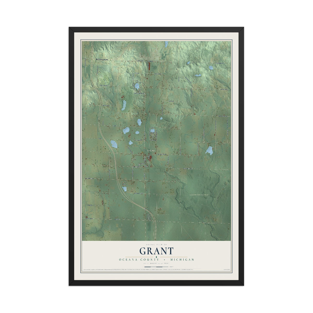 Map of Grant, Oceana County, Michigan, 12 x 18 inch print in a black wood frame