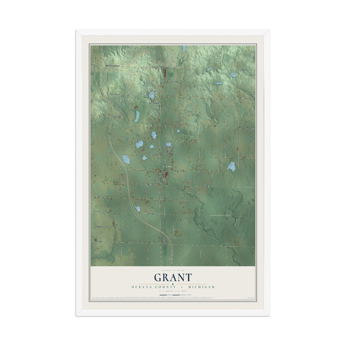 Map of Grant, Oceana County, Michigan, 12 x 18 inch print in a white wood frame