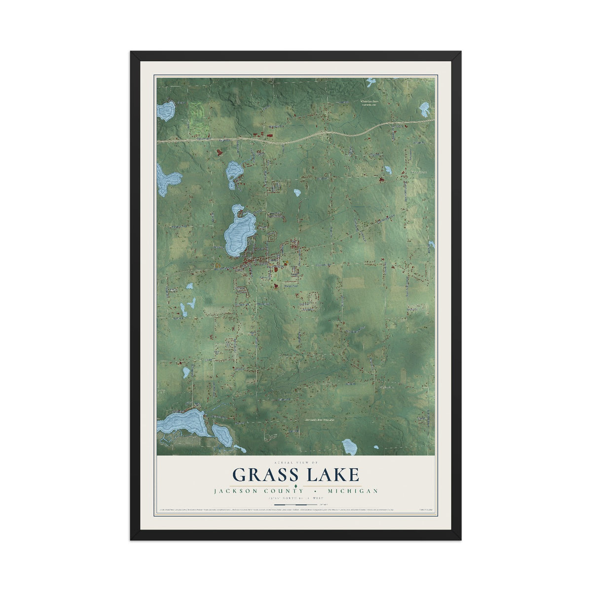 Map of Grass Lake, Jackson County, Michigan, 12 x 18 inch print in a black wood frame