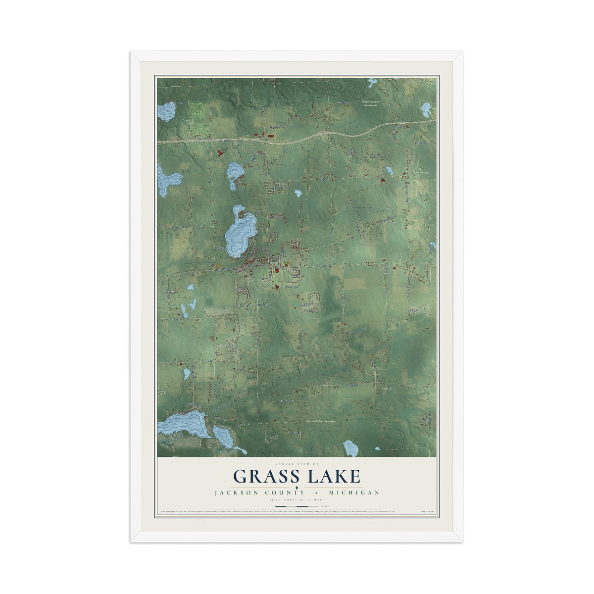 Map of Grass Lake, Jackson County, Michigan, 12 x 18 inch print in a white wood frame