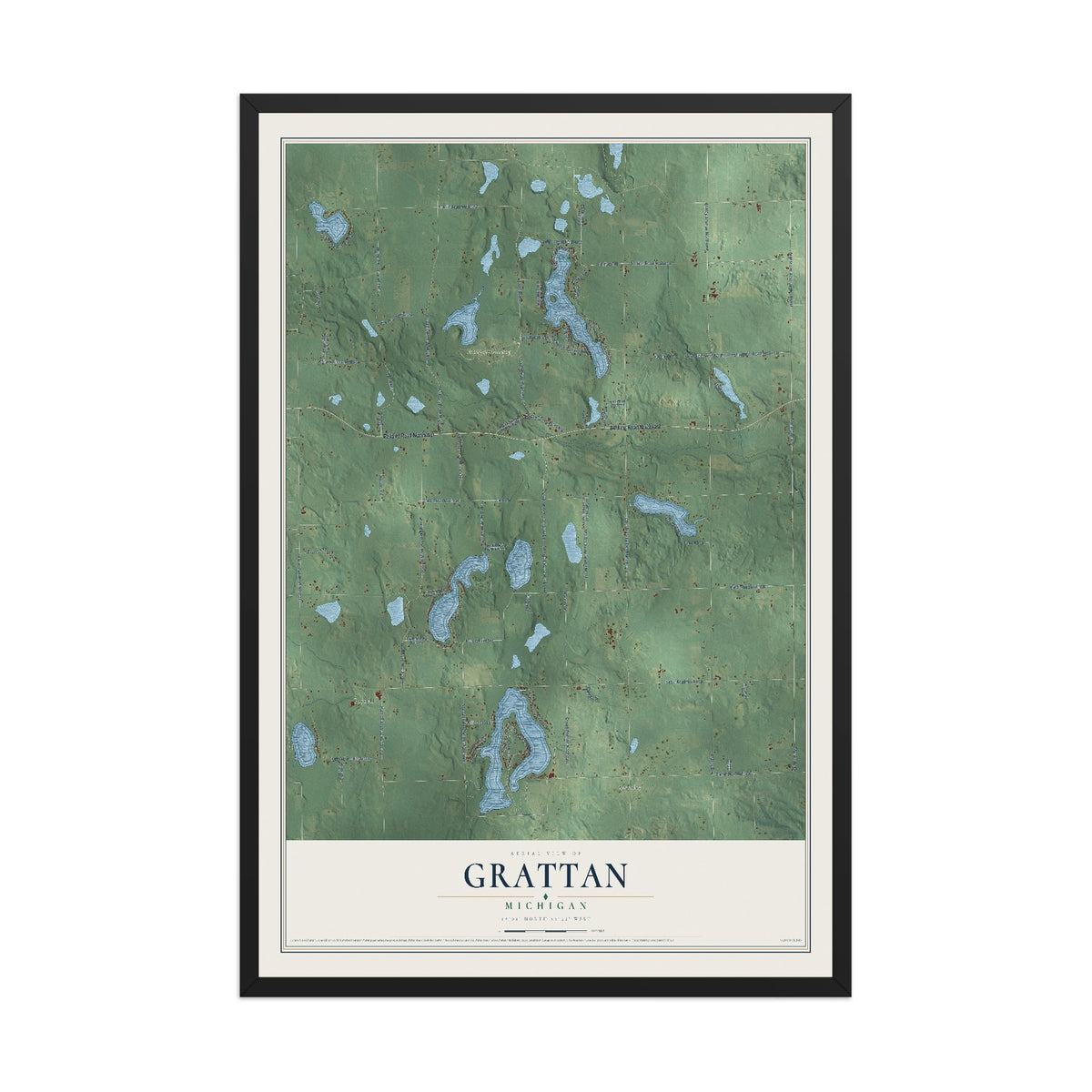 Map of Grattan, Michigan, 12 x 18 inch print in a black wood frame