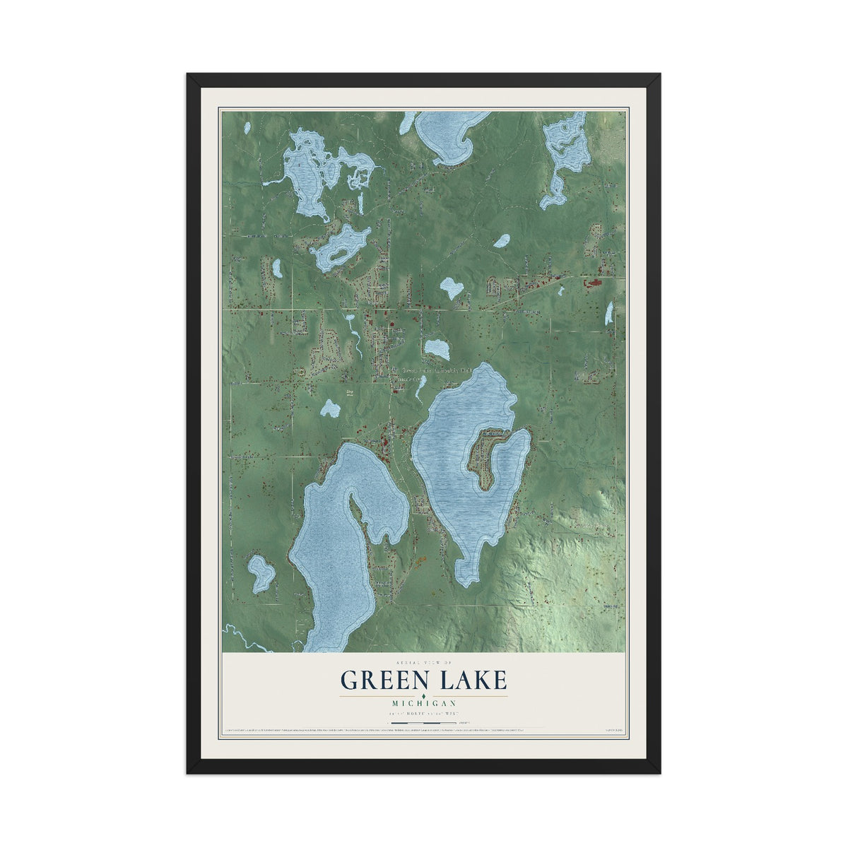 Map of Green Lake, Michigan, 12 x 18 inch print in a black wood frame