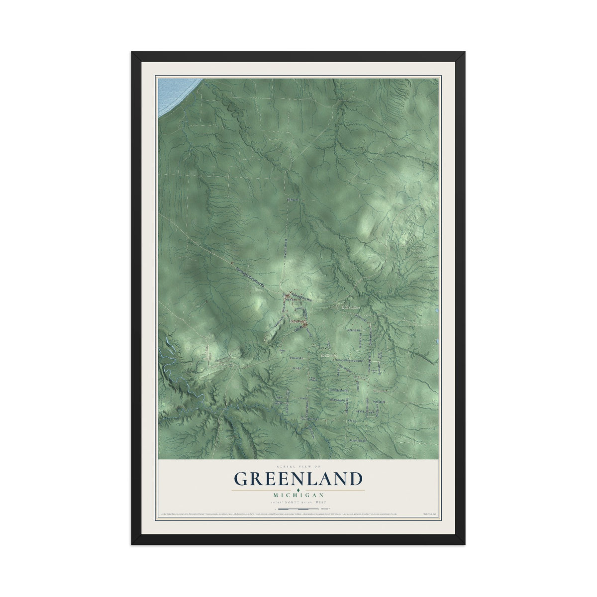 Map of Greenland, Michigan, 12 x 18 inch print in a black wood frame