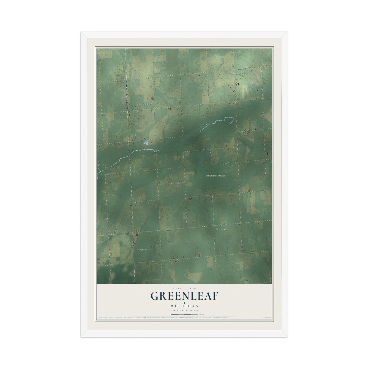 Map of Greenleaf, Michigan, 12 x 18 inch print in a white wood frame