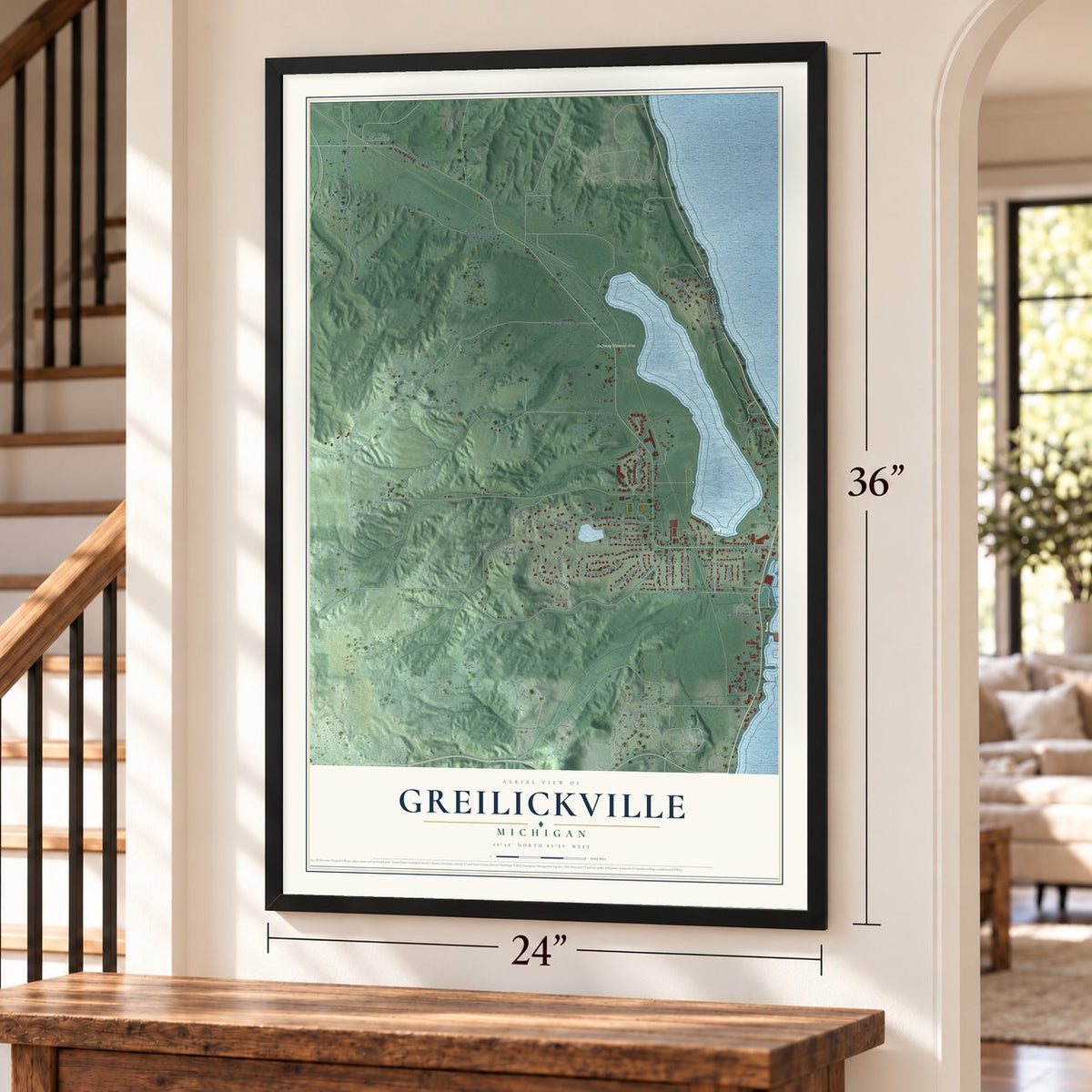 Greilickville, Michigan map, 24 x 36 inch print in a black frame by a staircase