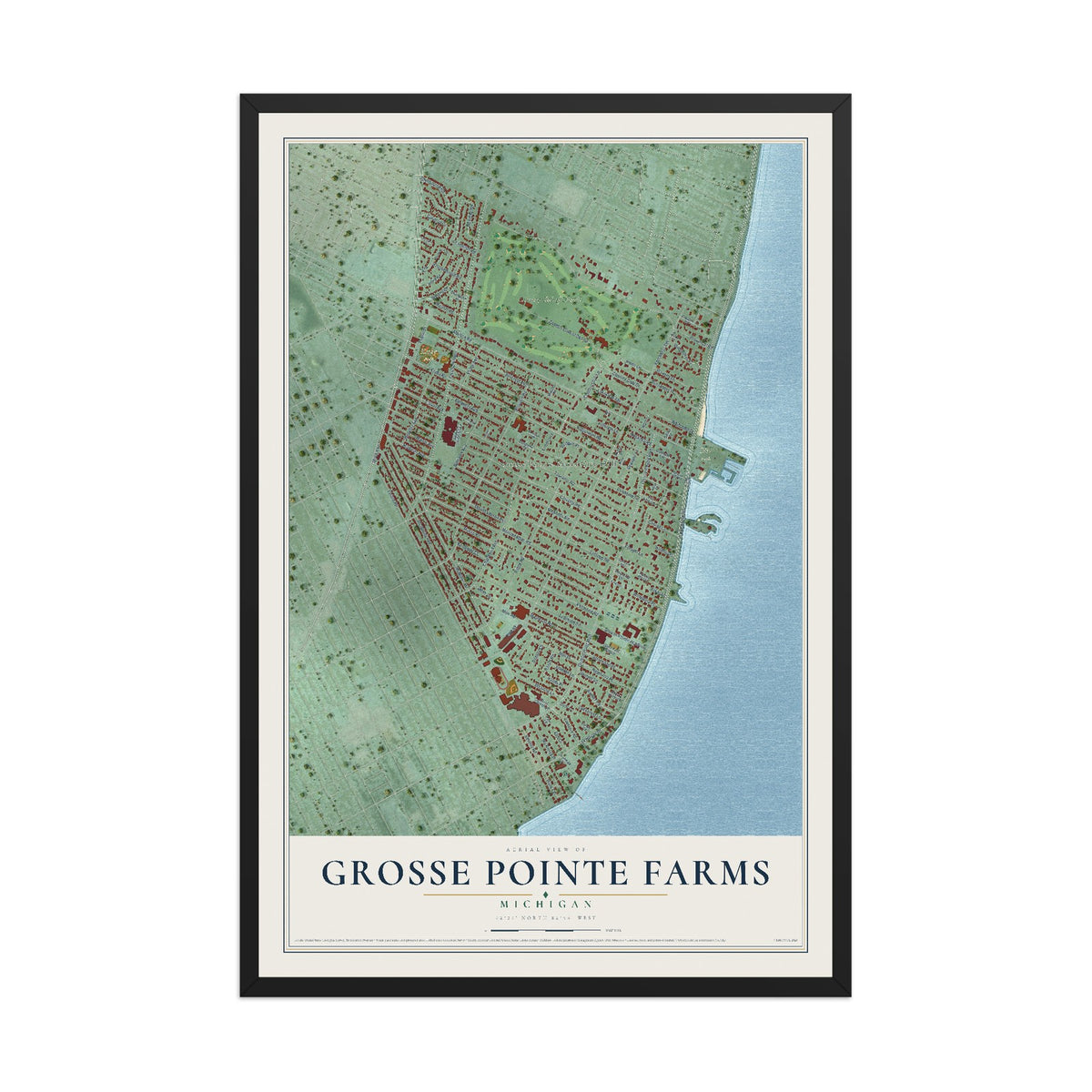 Map of Grosse Pointe Farms, Michigan, 12 x 18 inch print in a black wood frame