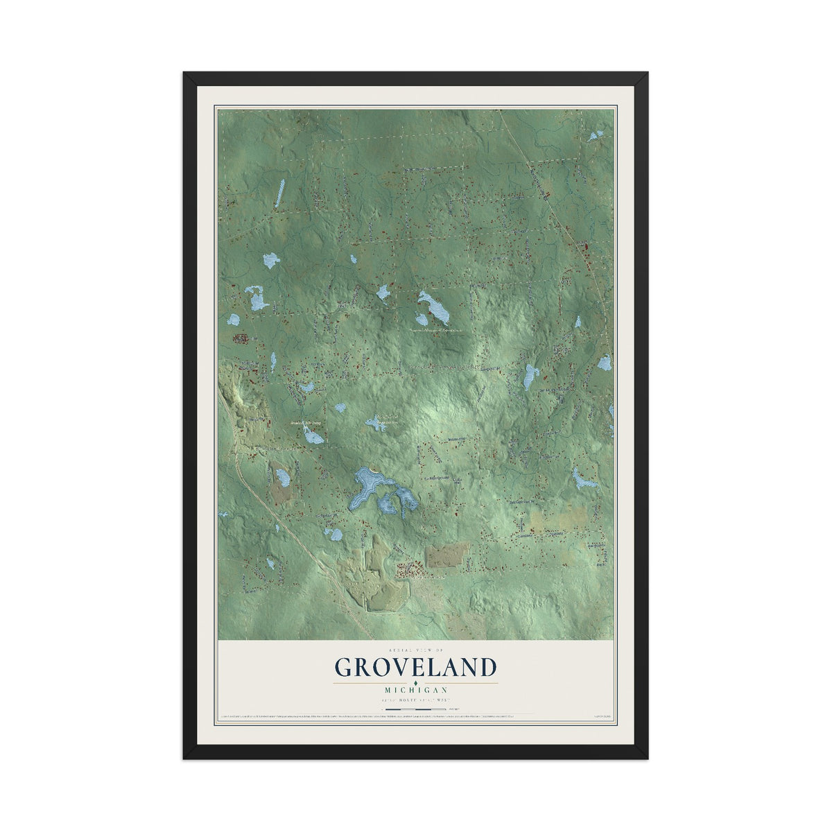 Map of Groveland, Michigan, 12 x 18 inch print in a black wood frame