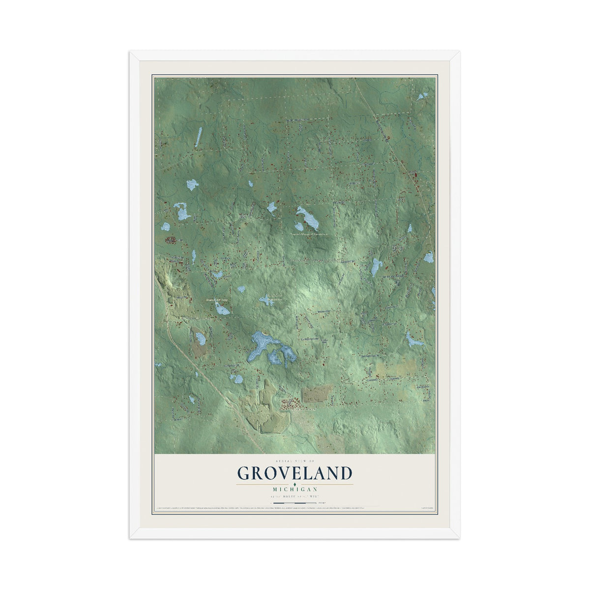Map of Groveland, Michigan, 12 x 18 inch print in a white wood frame