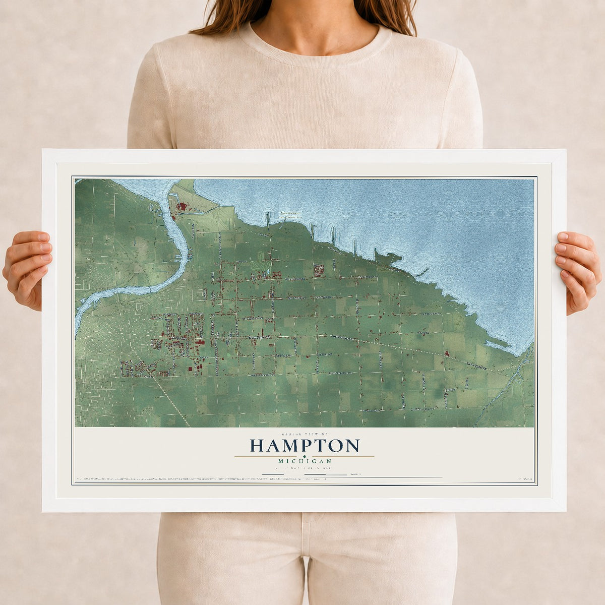 Map of Hampton, Michigan, 12 x 18 inch print in a white wood frame