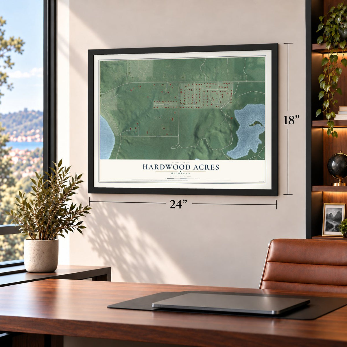 Hardwood Acres, Michigan map, 18 x 24 inch print in a black frame in a home office