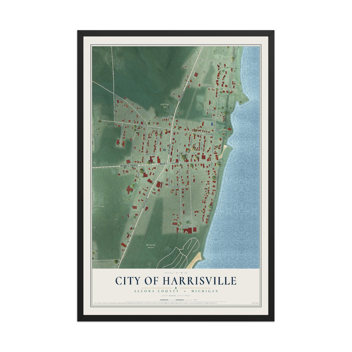 Map of Harrisville, Michigan, 12 x 18 inch print in a black wood frame