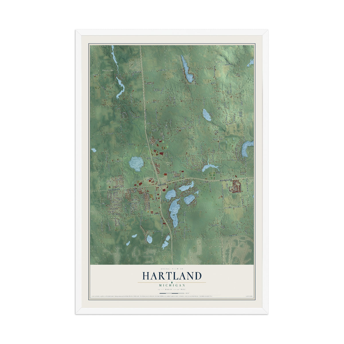 Map of Hartland, Michigan, 12 x 18 inch print in a white wood frame