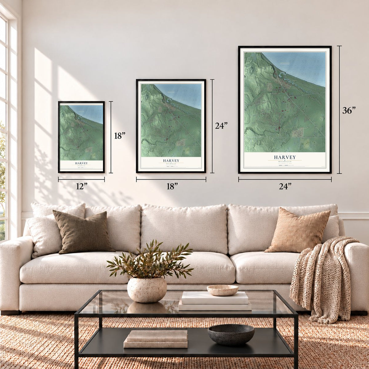 Harvey, Michigan map in 12 x 18, 18 x 24 and 24 x 36 inch sizes above a sofa