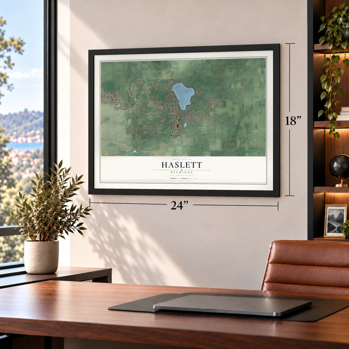 Haslett, Michigan map, 18 x 24 inch print in a black frame in a home office