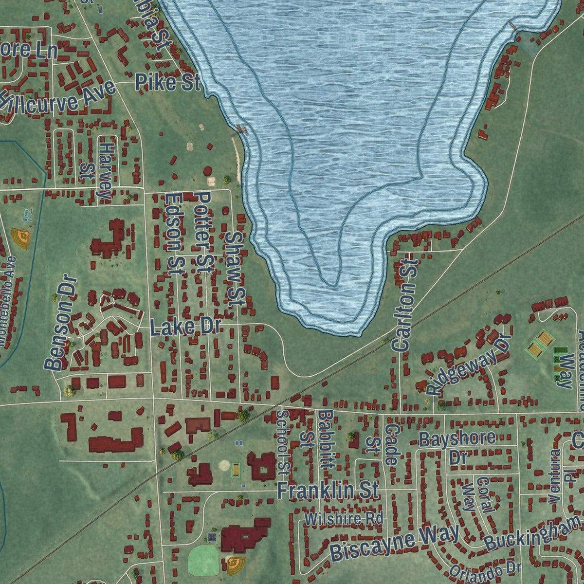 Close-up of the map of Haslett, Michigan print showing street and building detail