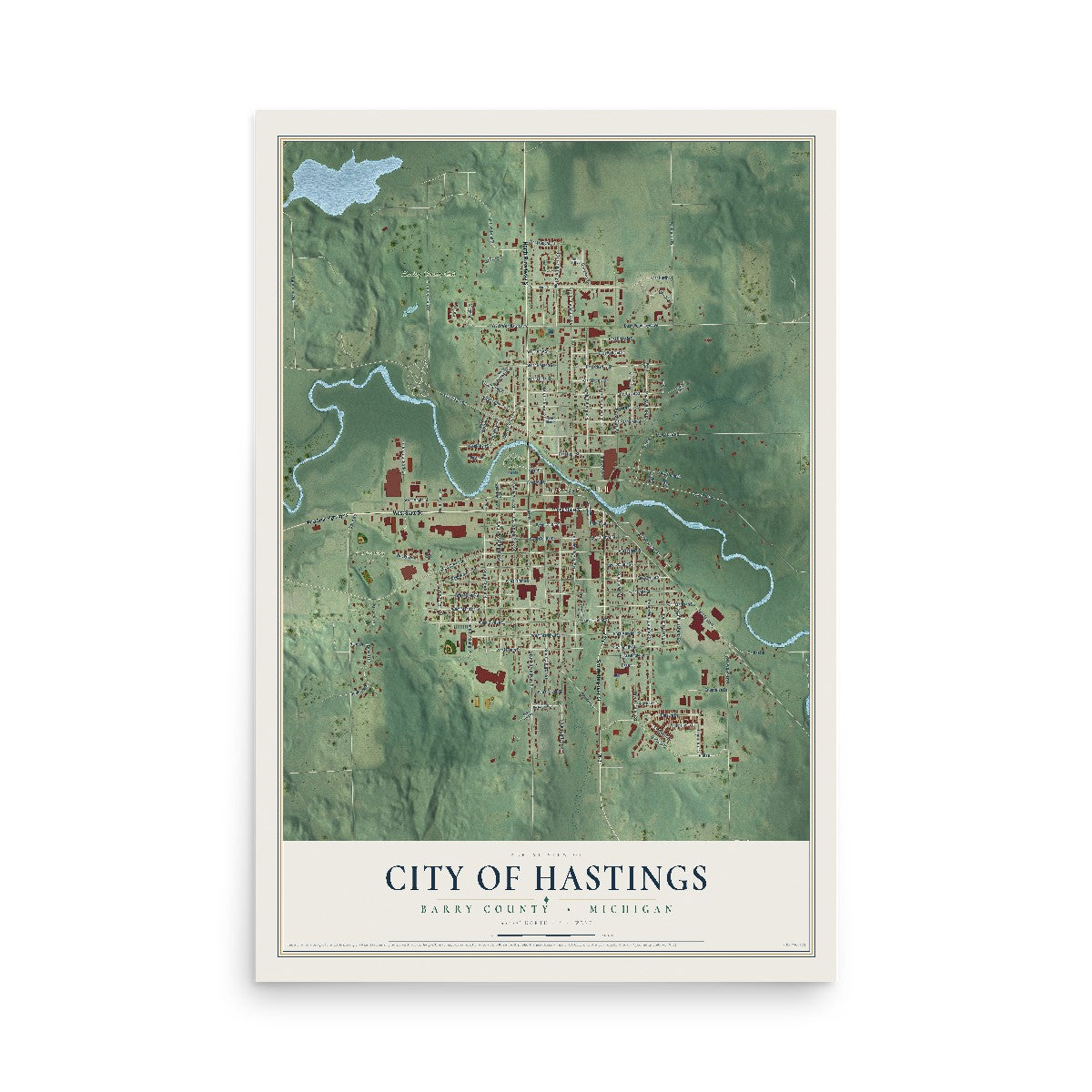 Map of Hastings, Michigan, 12 x 18 inch unframed archival matte print