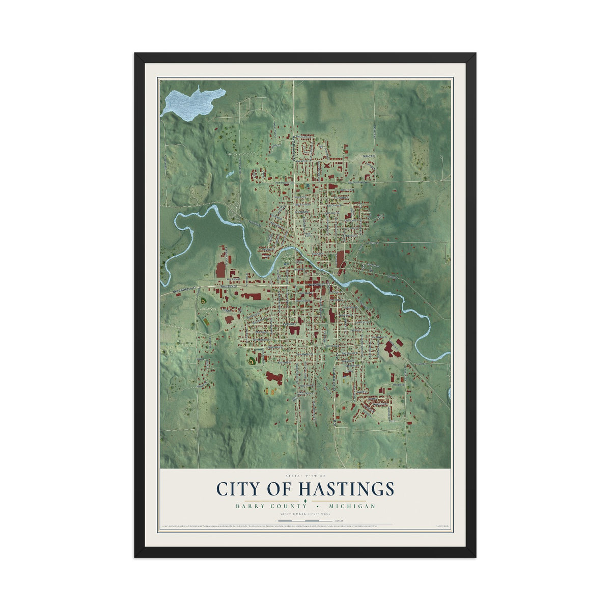 Map of Hastings, Michigan, 12 x 18 inch print in a black wood frame