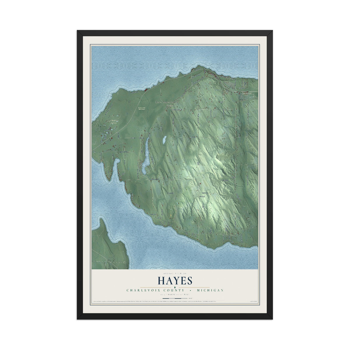 Map of Hayes, Charlevoix County, Michigan, 12 x 18 inch print in a black wood frame