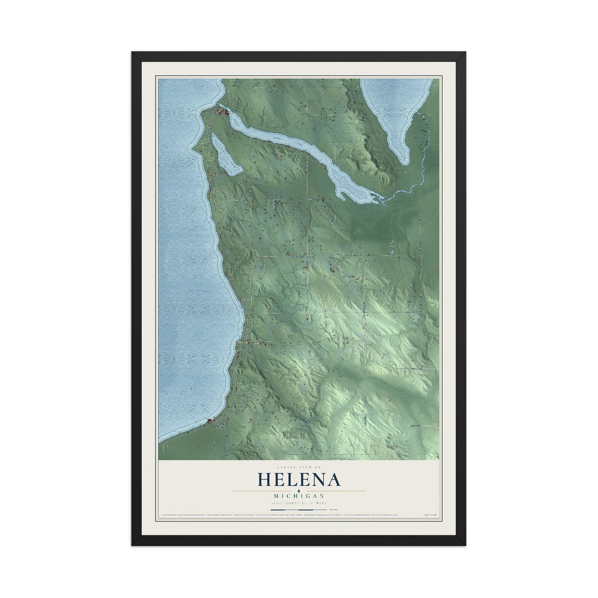 Map of Helena, Michigan, 12 x 18 inch print in a black wood frame