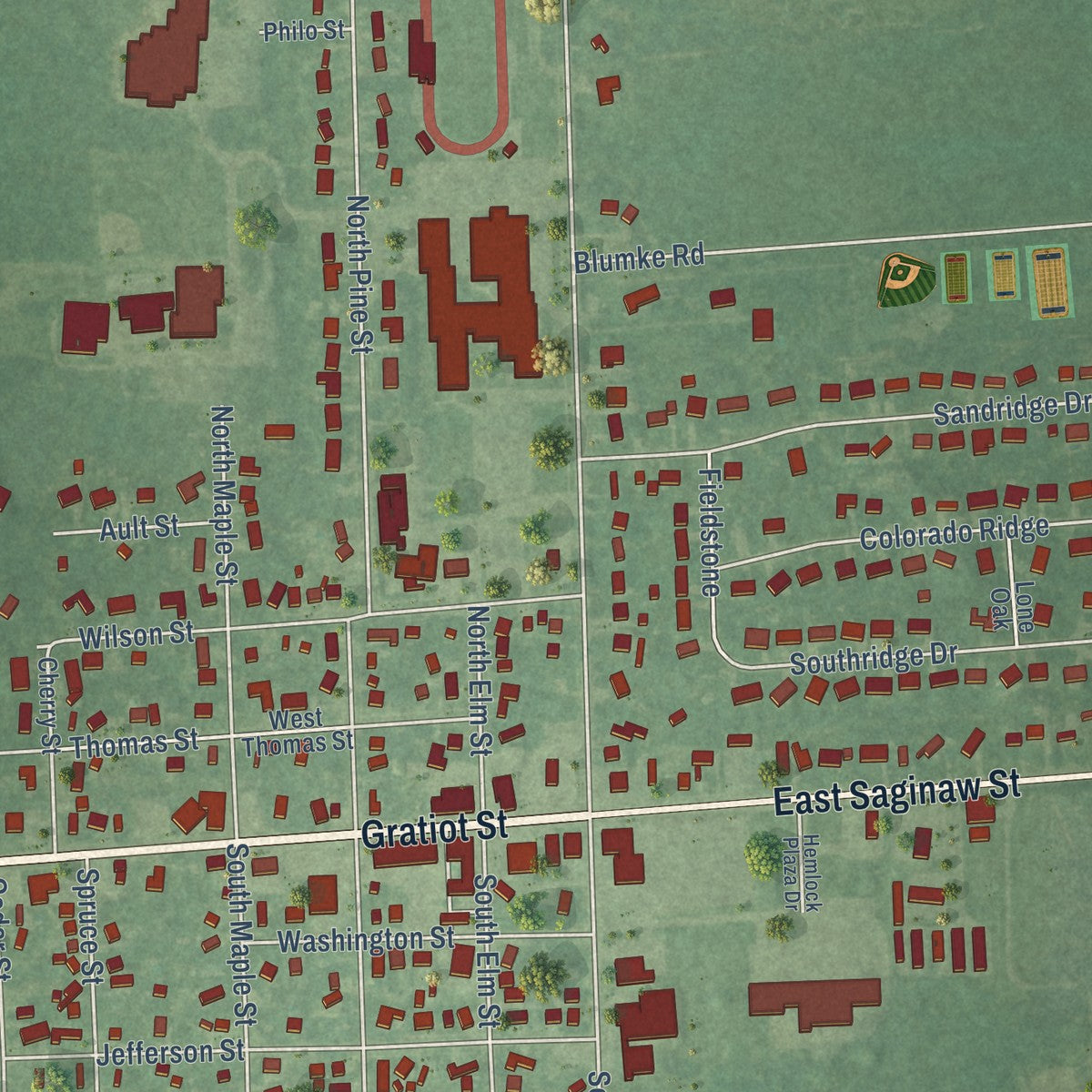Close-up of the map of Hemlock, Michigan print showing street and building detail