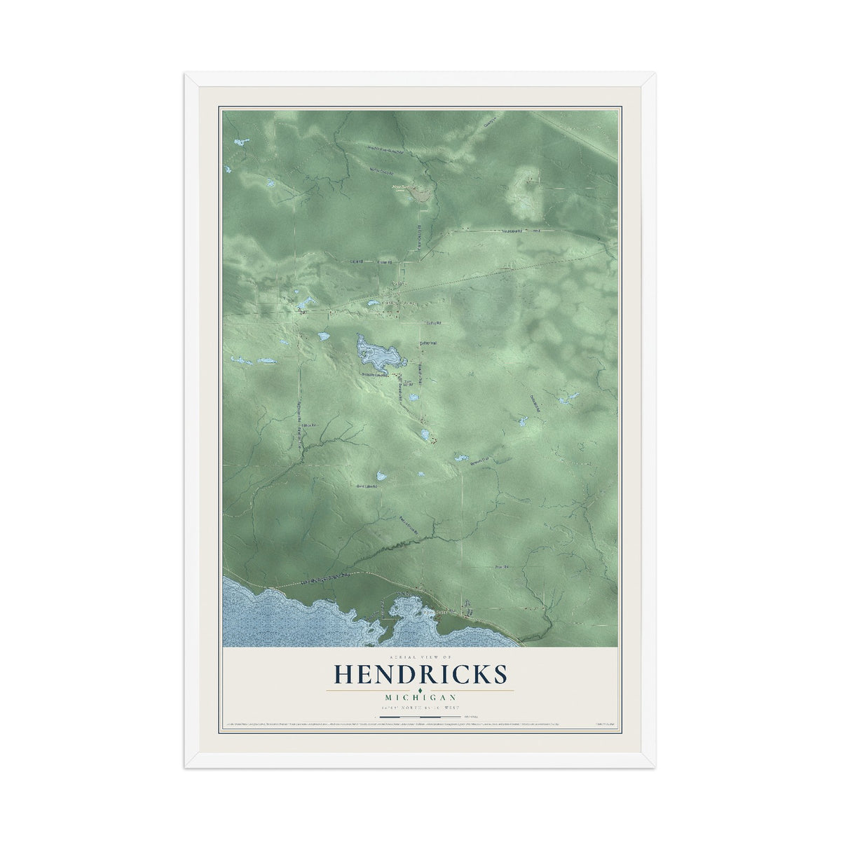 Map of Hendricks, Michigan, 12 x 18 inch print in a white wood frame