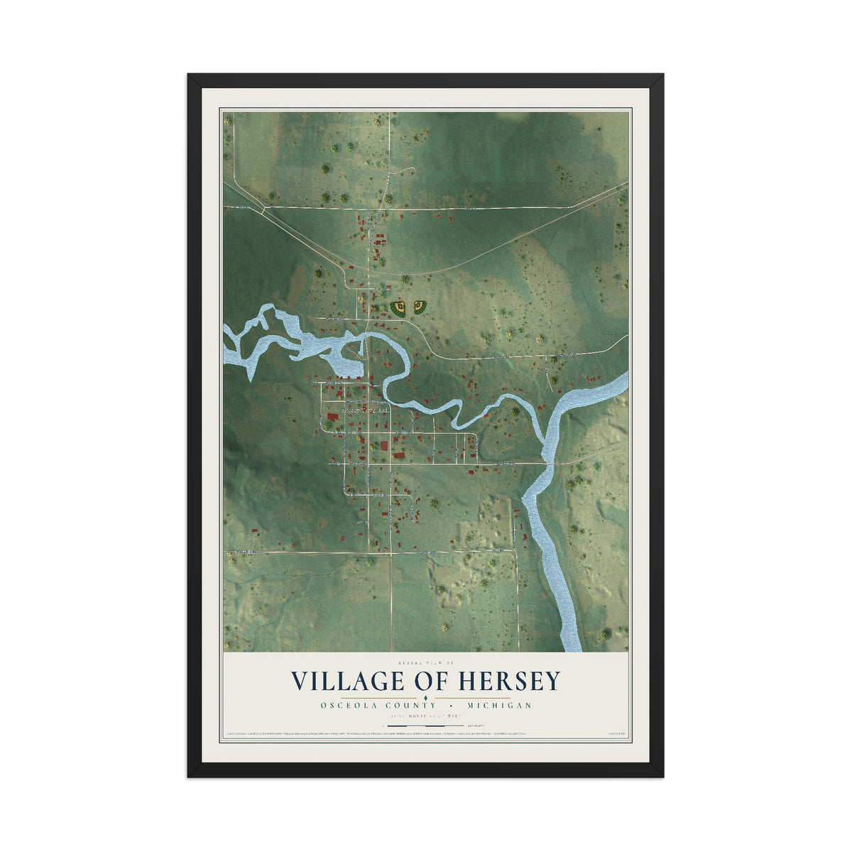 Map of Hersey, Michigan, 12 x 18 inch print in a black wood frame