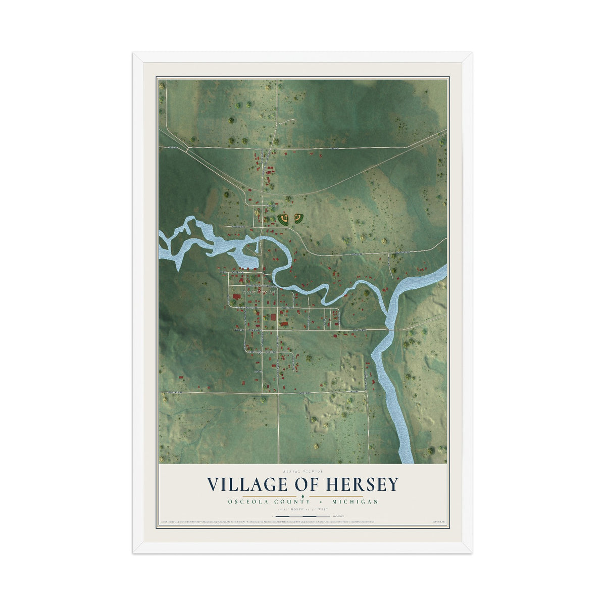 Map of Hersey, Michigan, 12 x 18 inch print in a white wood frame