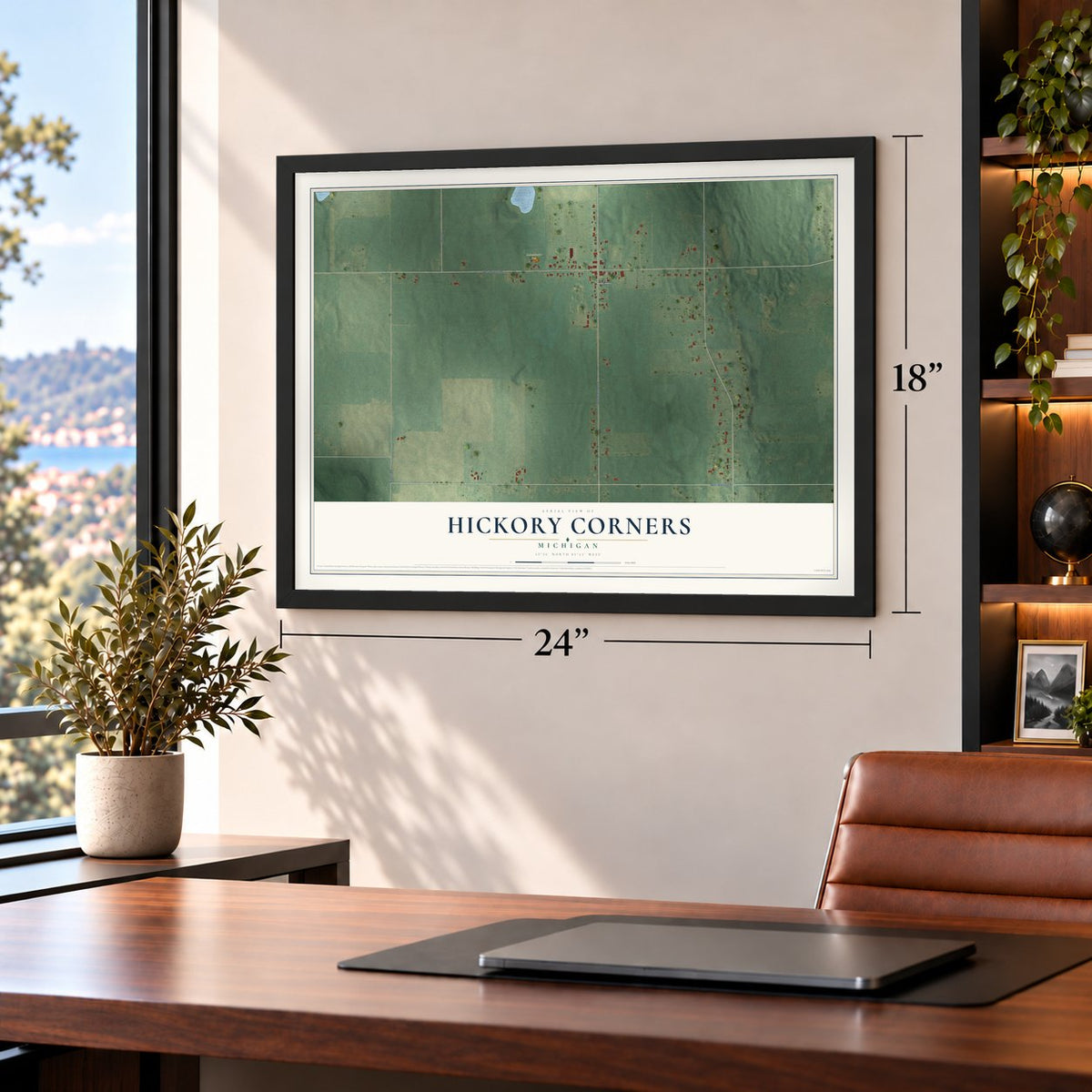 Hickory Corners, Michigan map, 18 x 24 inch print in a black frame in a home office