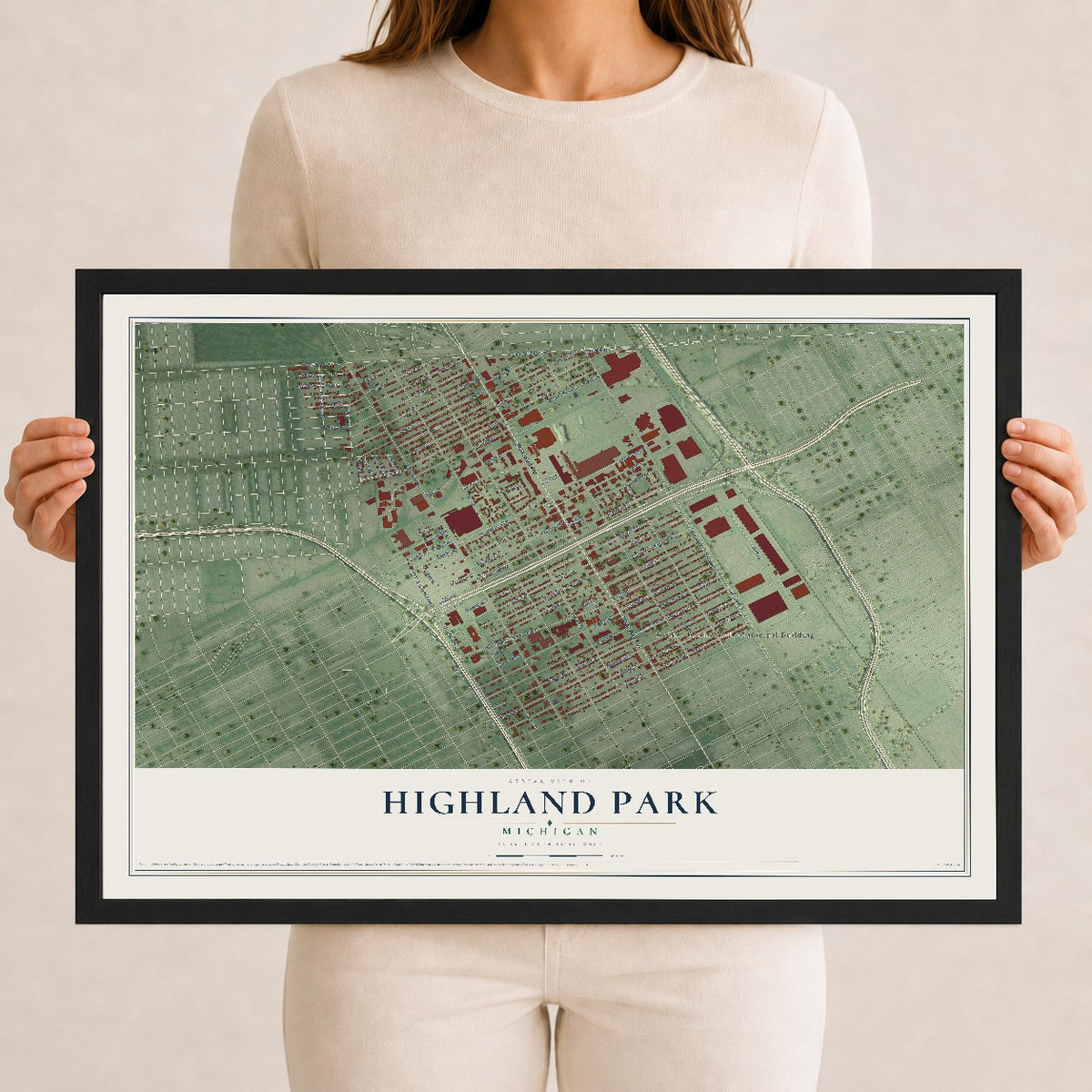 Map of Highland Park, Michigan, 12 x 18 inch print in a black wood frame
