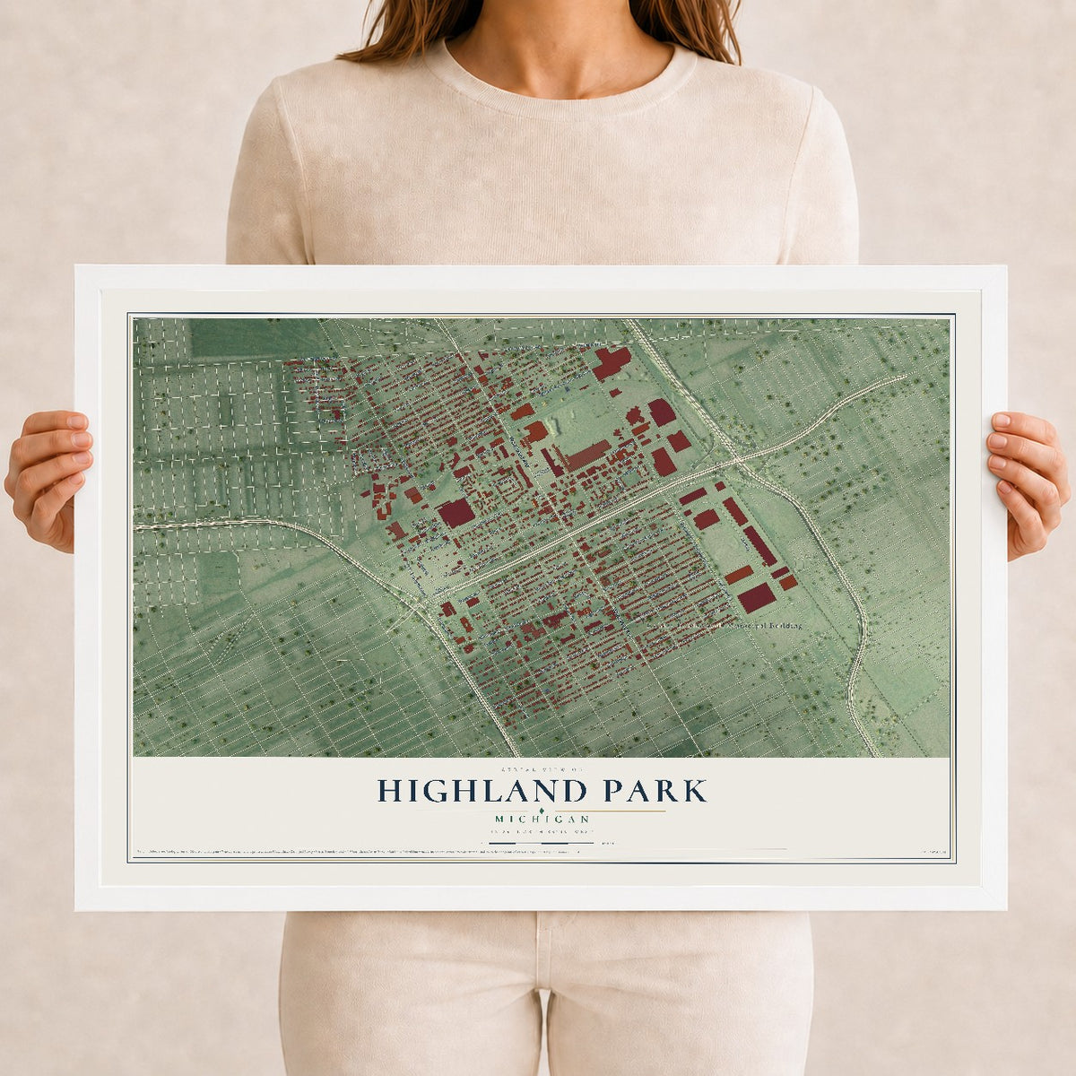 Map of Highland Park, Michigan, 12 x 18 inch print in a white wood frame