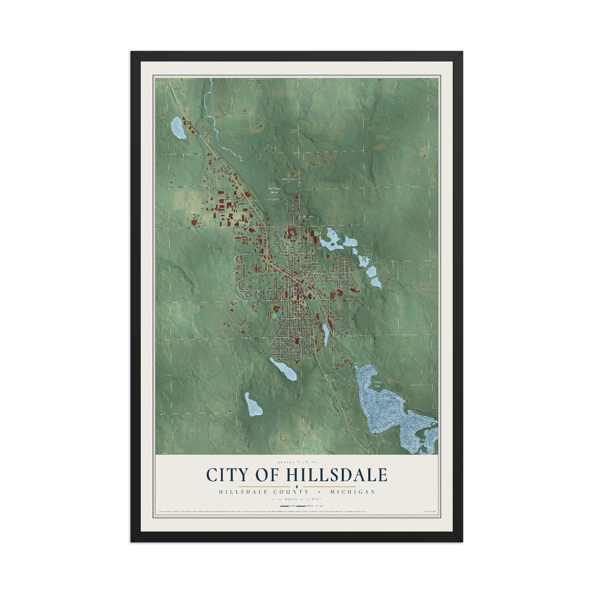 Map of Hillsdale, Michigan, 12 x 18 inch print in a black wood frame