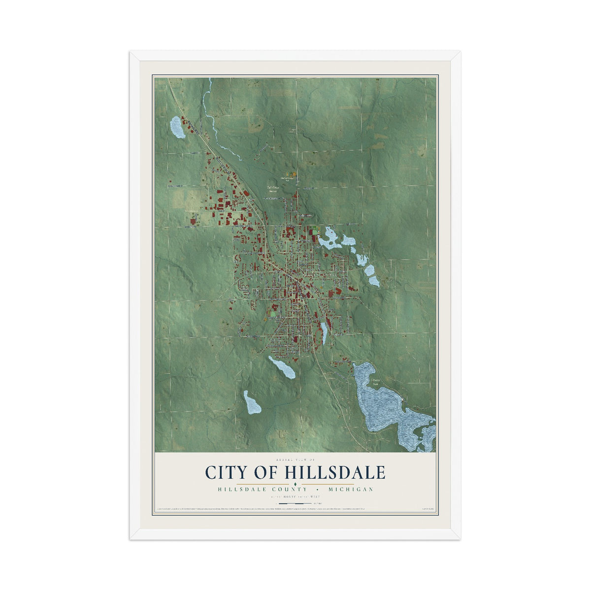 Map of Hillsdale, Michigan, 12 x 18 inch print in a white wood frame