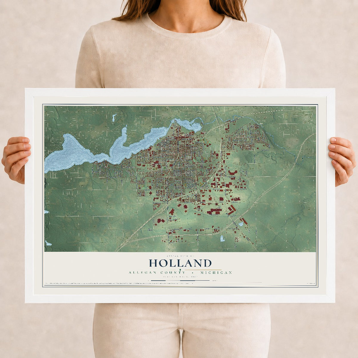 Map of Holland, Allegan County, Michigan, 12 x 18 inch print in a white wood frame