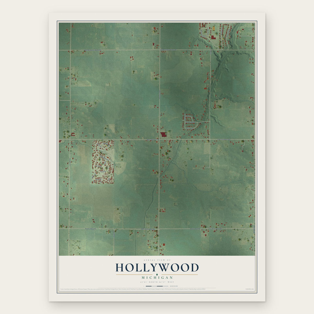Hollywood, Michigan map print, the full design