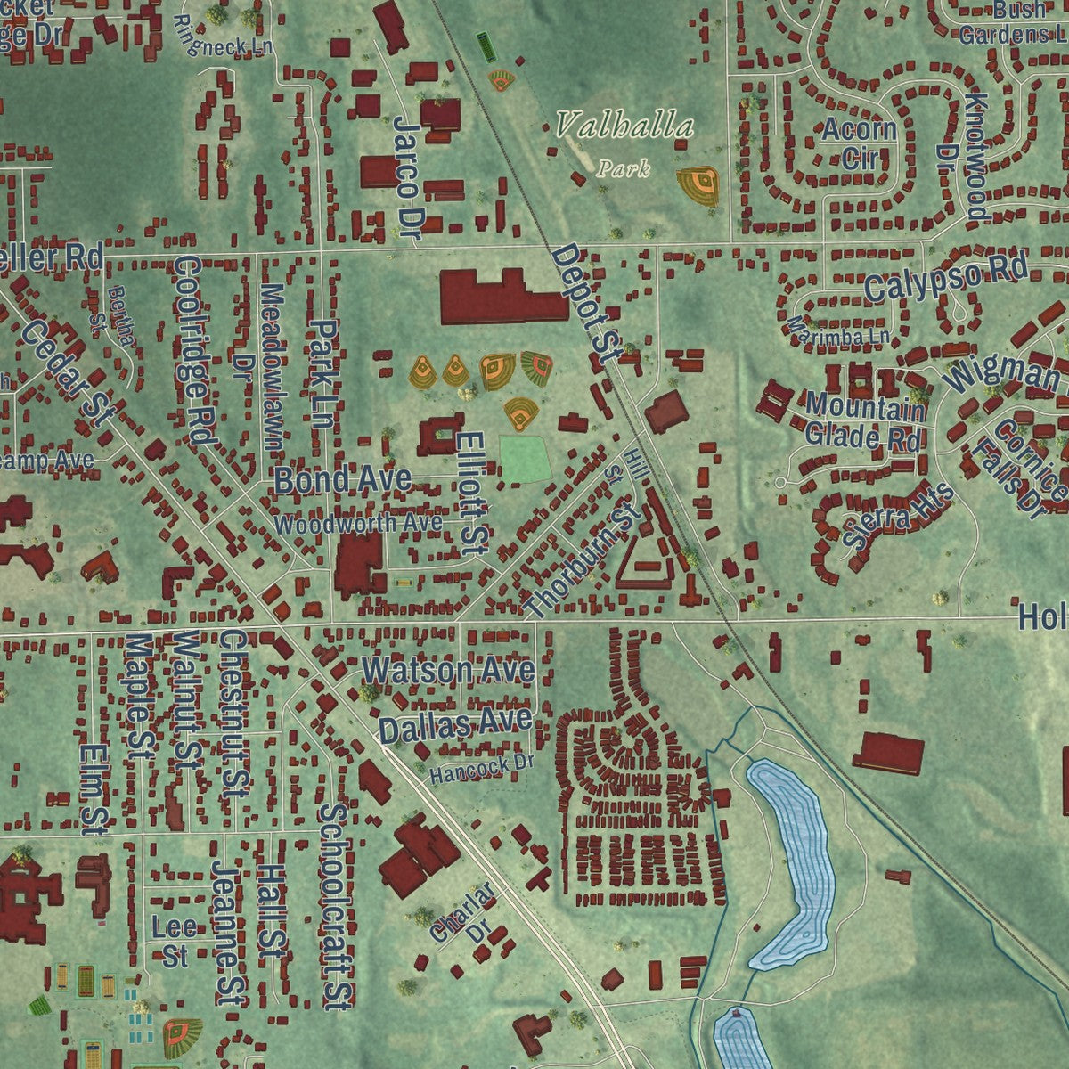 Close-up of the map of Holt, Michigan print showing street and building detail
