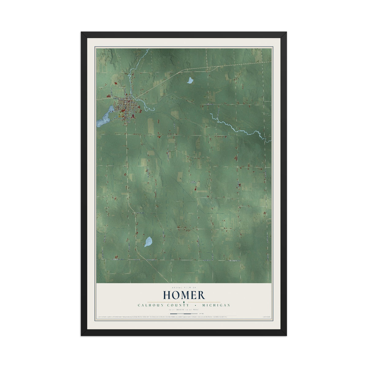 Map of Homer, Calhoun County, Michigan, 12 x 18 inch print in a black wood frame