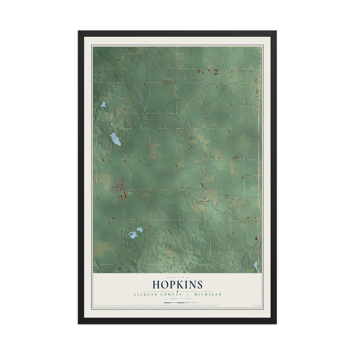 Map of Hopkins, Allegan County, Michigan, 12 x 18 inch print in a black wood frame
