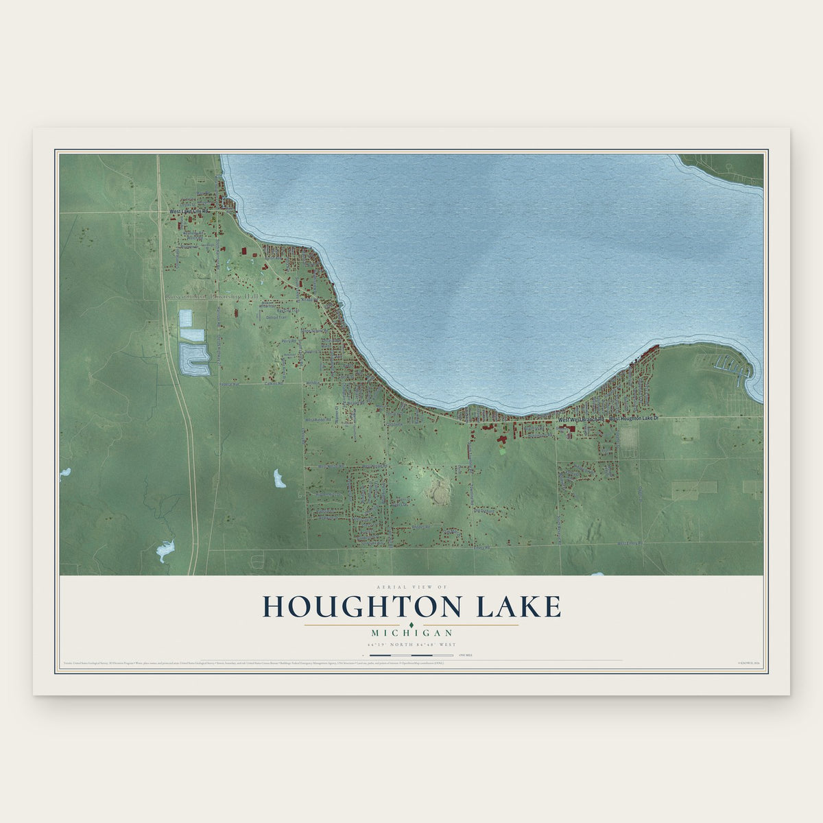 Houghton Lake, Michigan map print, the full design