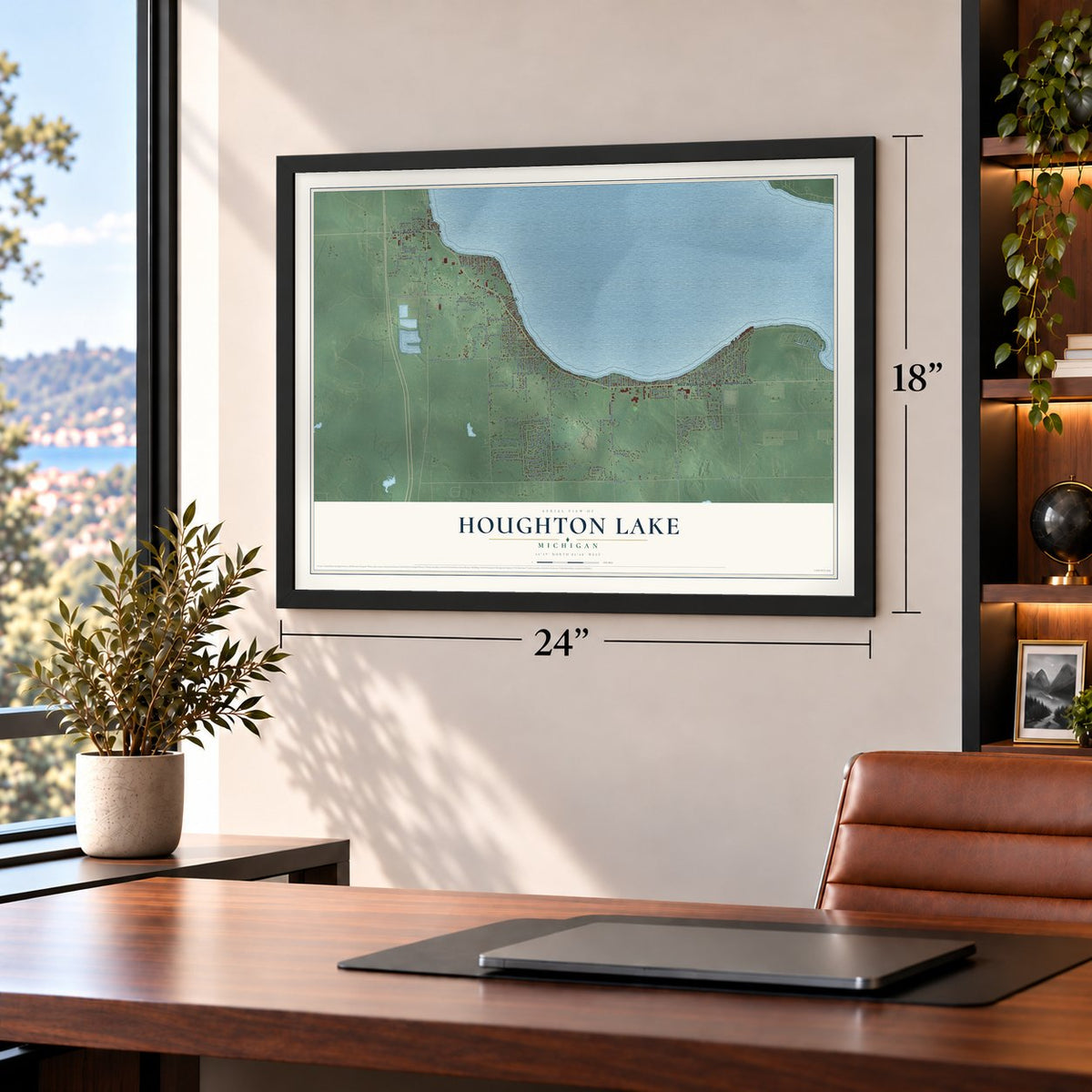 Houghton Lake, Michigan map, 18 x 24 inch print in a black frame in a home office