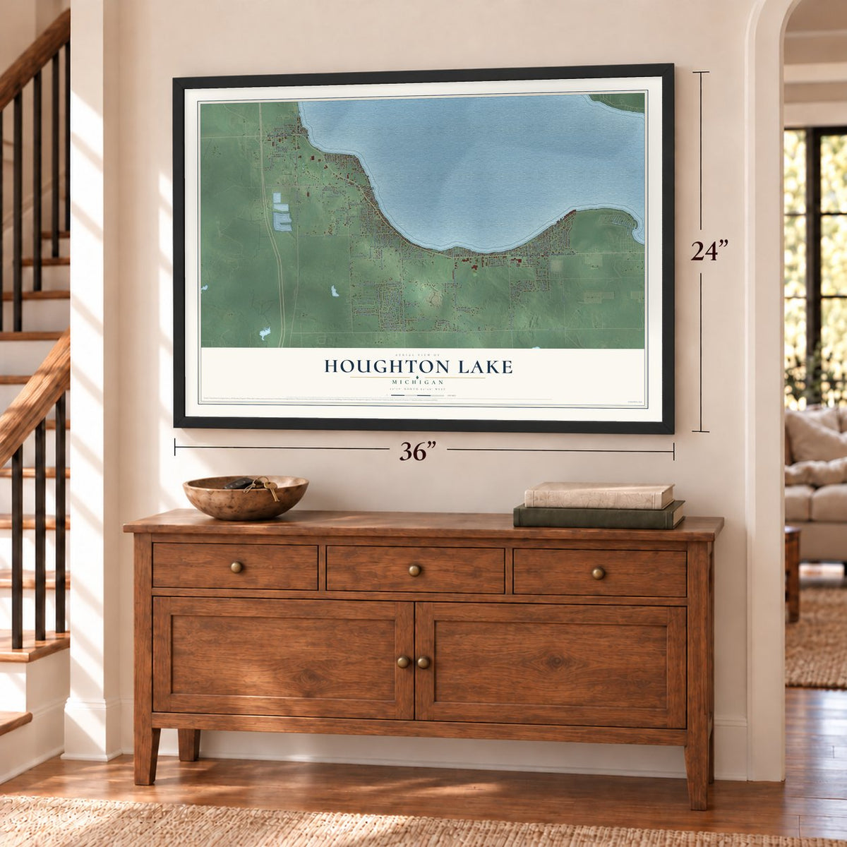 Houghton Lake, Michigan map, 24 x 36 inch print in a black frame above a dresser by a staircase