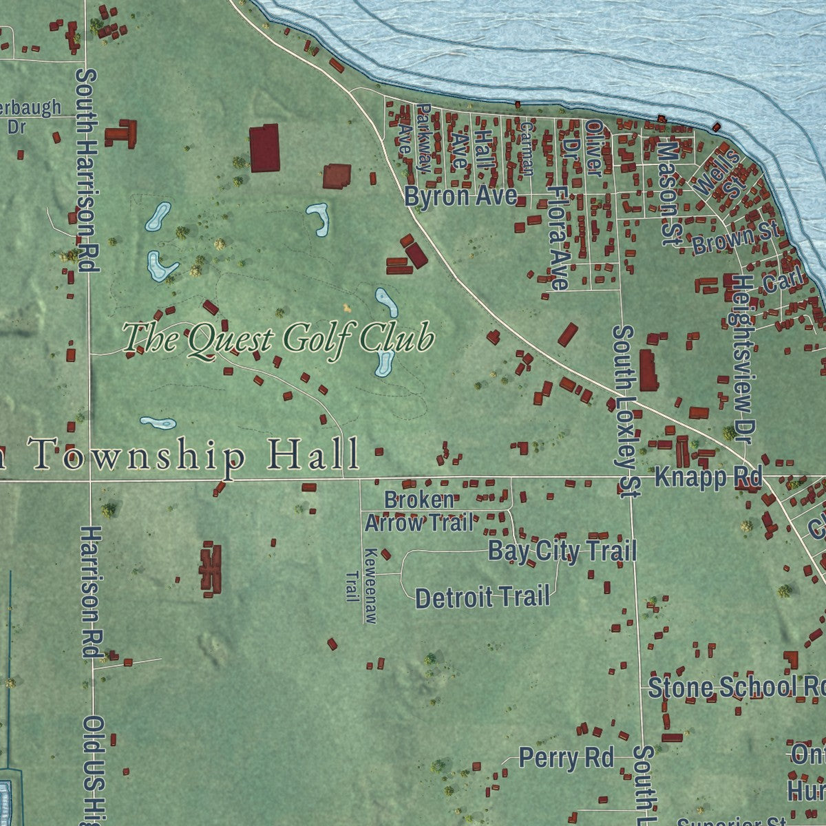 Close-up of the map of Houghton Lake, Michigan print showing street and building detail