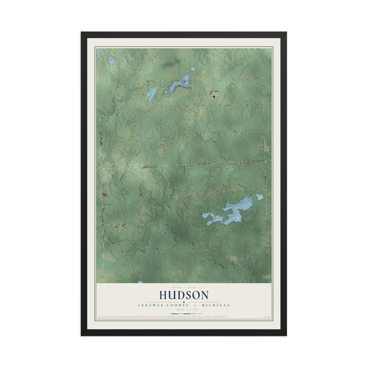 Map of Hudson, Lenawee County, Michigan, 12 x 18 inch print in a black wood frame
